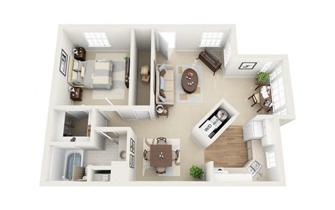 Floor plan for 1 bed, 1 bath, 870 sqft